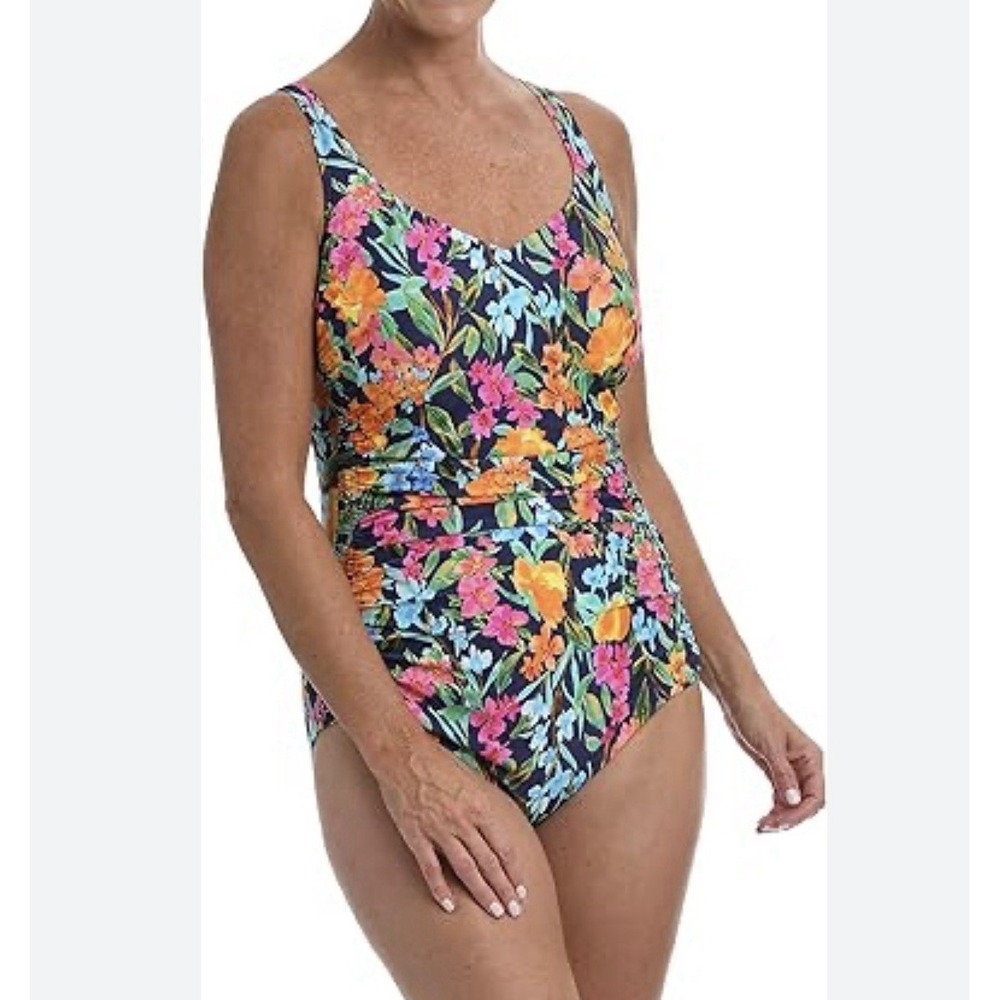 NWOT Maxine Of Hollywood One Piece Swimsuit Women's 6 Shirred Front Girl Leg